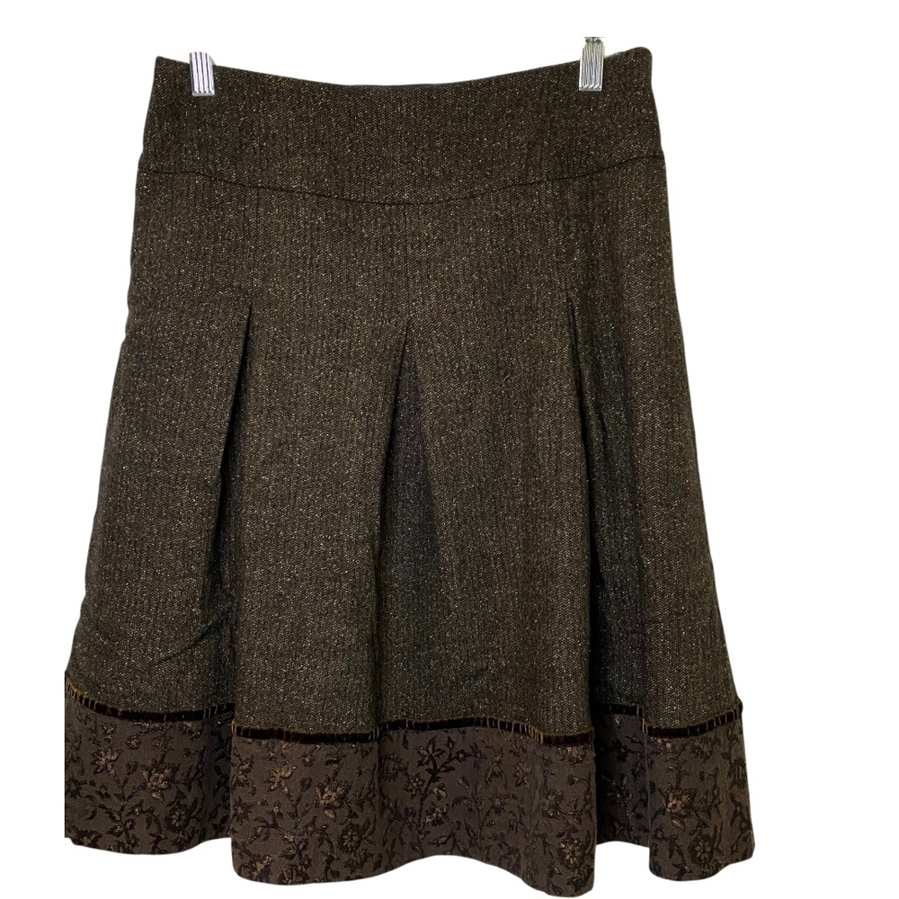 Talbots Brown A-Line Pleated Skirt with Floral Trim